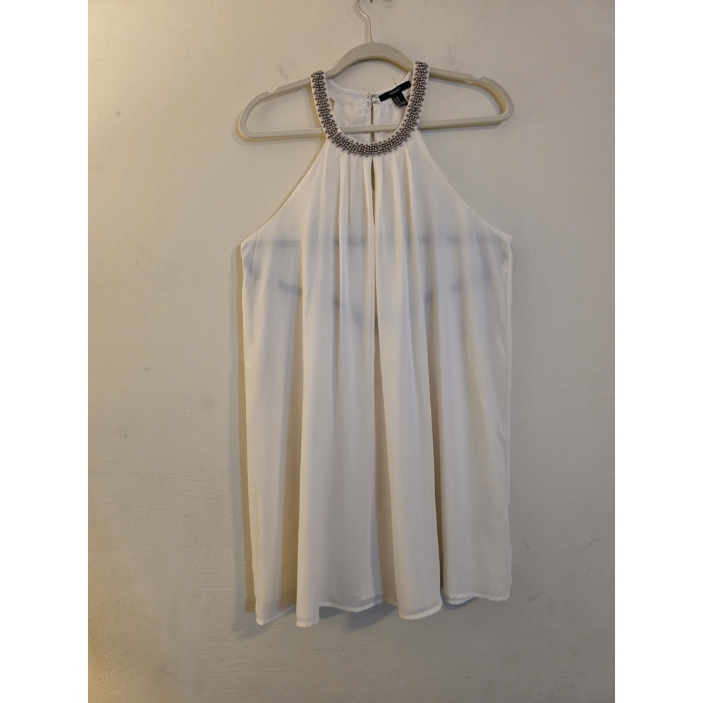 Forever 21 White Halter Top Embellished Neck Beaded Chiffon Blouse Medium